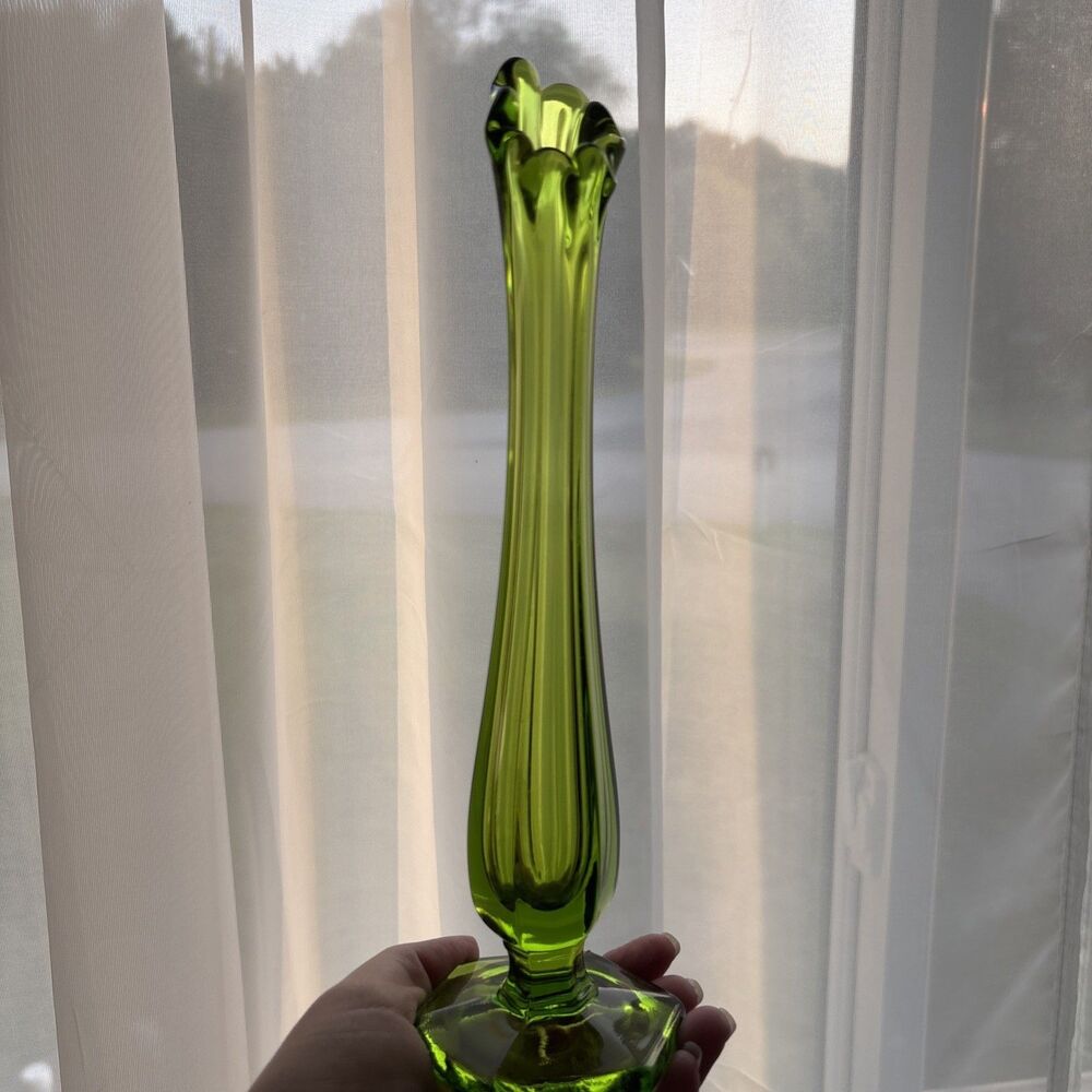 Mid-Century Modern Green Swung Glass Vase, 10”